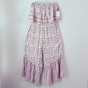 Japna Wide Leg Romper Floral Flare Strapless Smocked Jumpsuit Women's Size M